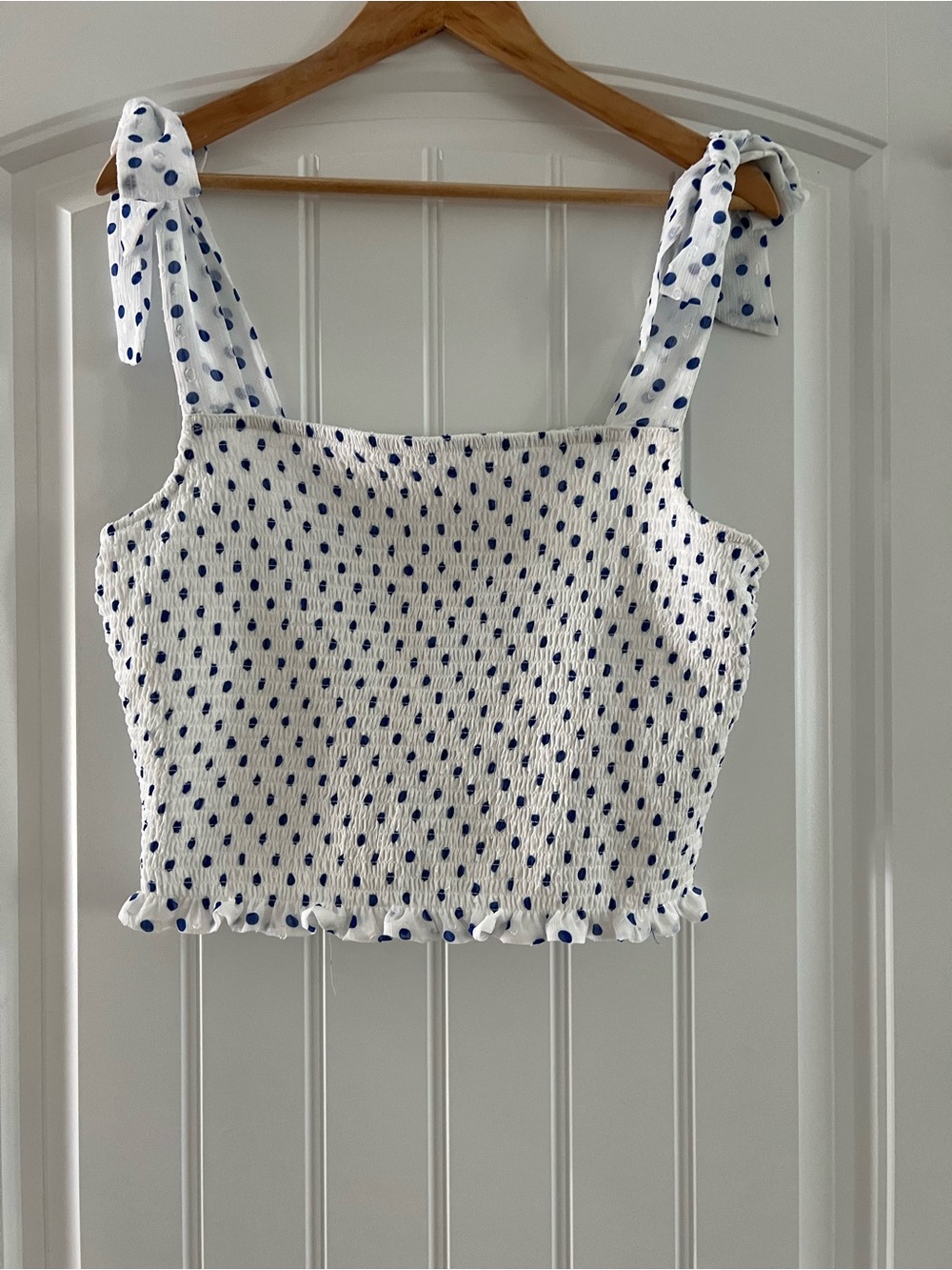 Smocked Tie-Shoulder Polka Dot Crop Top - White & Blue
